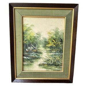 VTG Original Oil Painting 17x21 Inch Hut Palm Tree Tropical Island Framed Signed